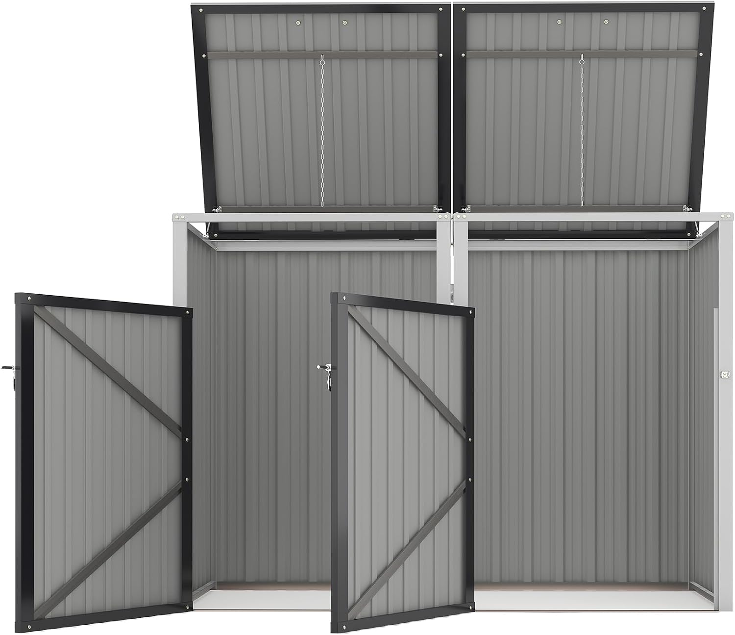 Montary 54 CU.FT Metal Outdoor Garbage Bin Storage Shed with Chain Lid, Waterproof Trash Can Organizer for 2 Bins, Garden Tools for Garden Yard Lawn, Dark Grey