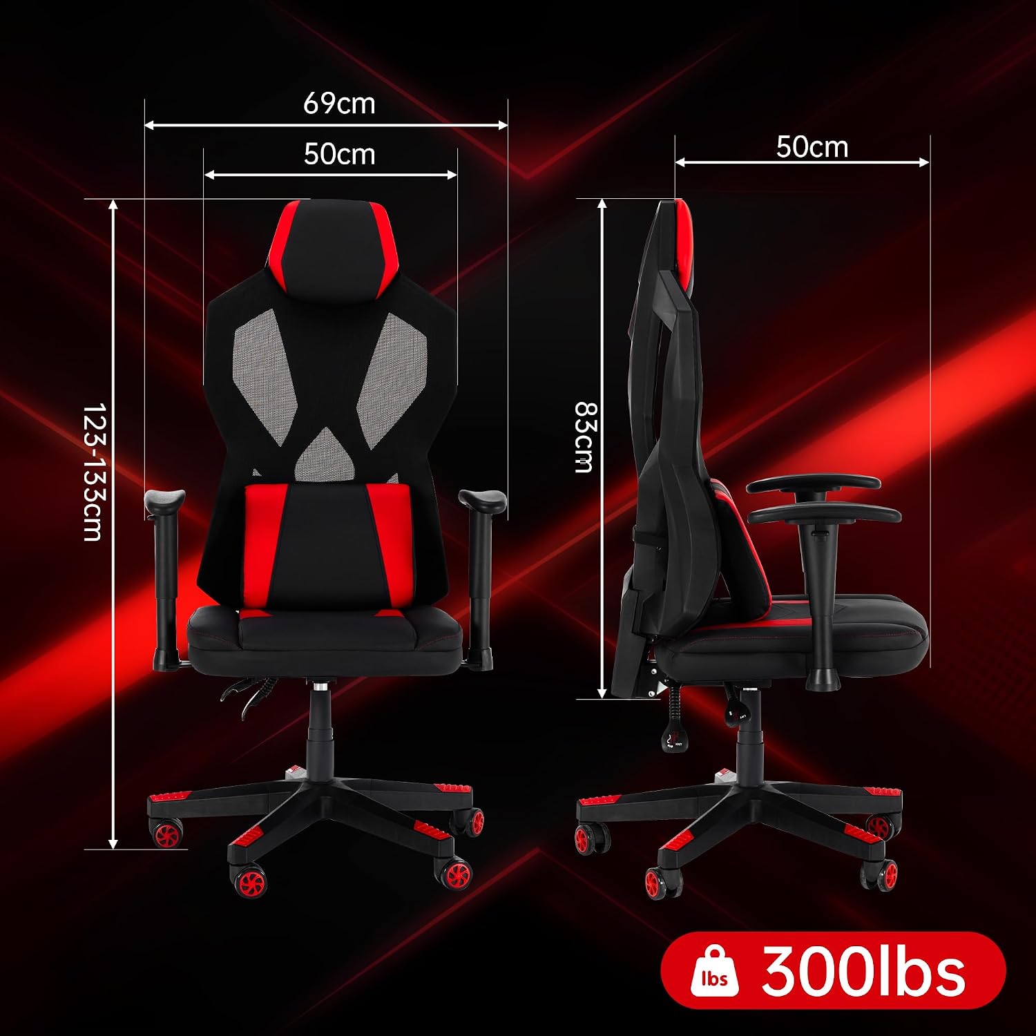 Frassie Gaming Chair with RGB LED Lights, Video Game Chair Ergonomic Computer Gamer Chair with Massage Lumbar Support (Red)