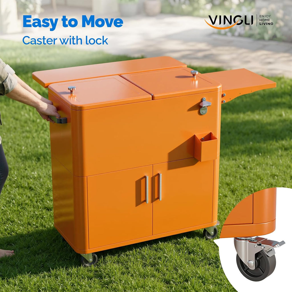 VINGLI Patio Cooler, Ice Chest with Storage Cabinet, Bottle Opener Drainage, Outdoor Cooler for Party, Deck, Pool