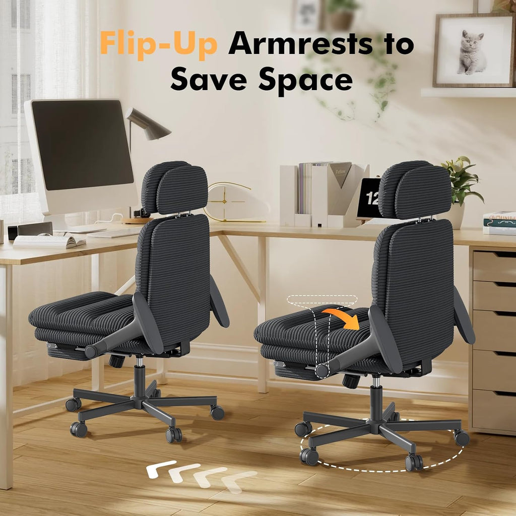 GXJ Criss Cross Chair with Flip-up Arms, Executive Office Chair with Foot Rest, Cross Legged Office Chair G800 Plus, Extra Lumbar Pillow, Corduroy Comfy Computer Desk Chair for Home, Black