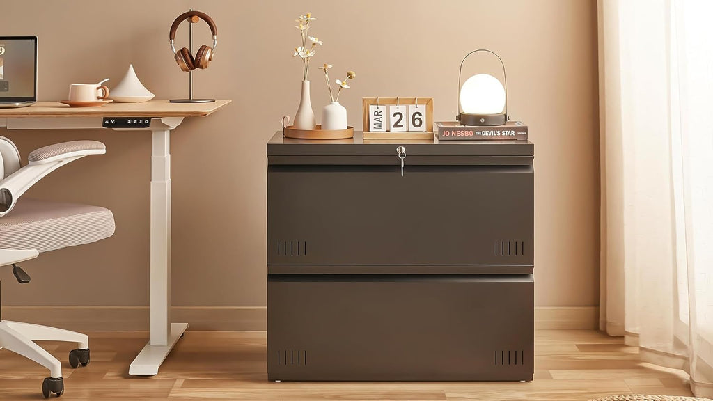 Guizeeopo Metal File Cabinet with Lock, 2 Drawer Lateral File Cabinets for Home Office, Printer Stand, Heavy Duty Office Storage Cabinet for A4/Letter/Legal Size, Assembly Required(Black)