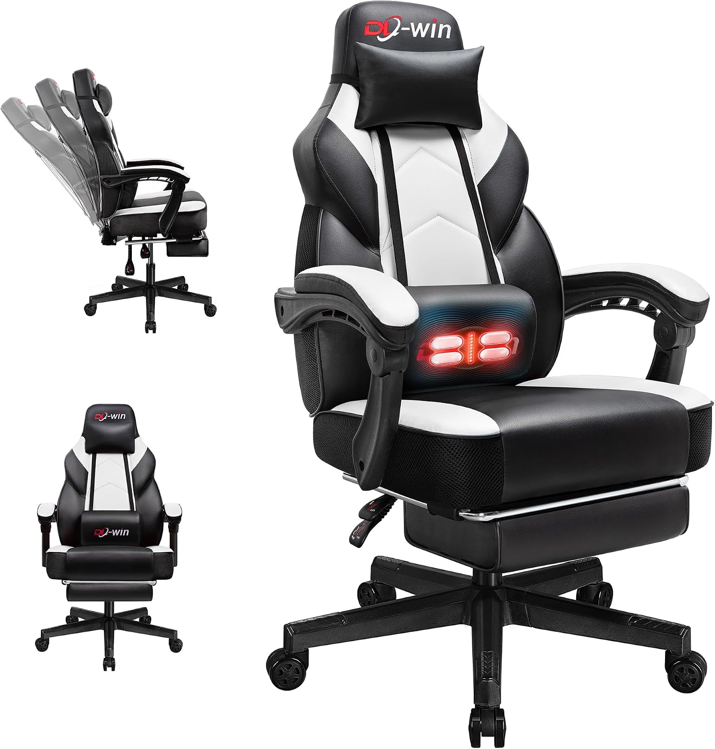 Gaming Chair with Footrest & Lumbar Support, Ergonomic Racing Style Computer Chair, 360° Swivel Height Adjustable Video Game Chair, Massage Office Chair Gaming Equipment, White