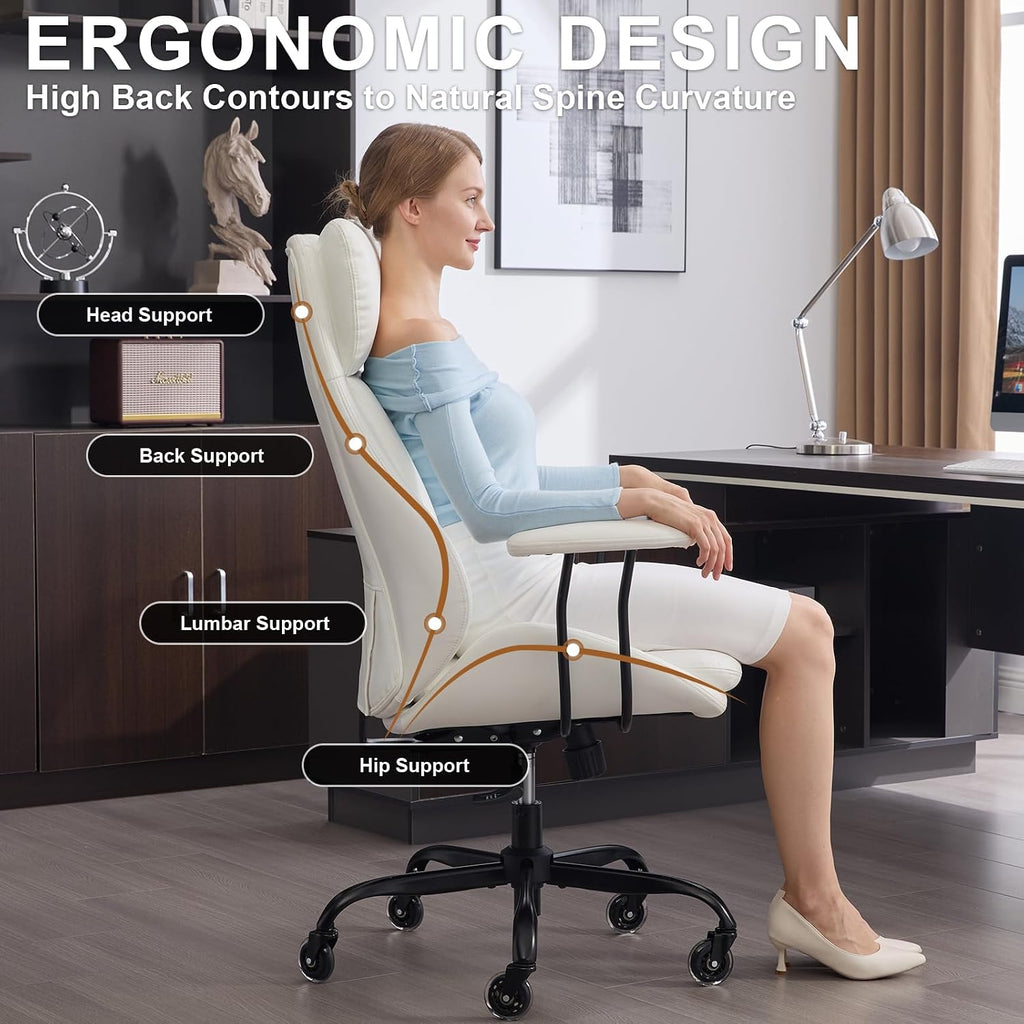 E-Motie Office Chair, Leather Desk Chair with Rubber Wheels, Ergonomic Computer Chair 500 LBS with Lumbar Support, High Back Executive Chair for Modern Home Office, White
