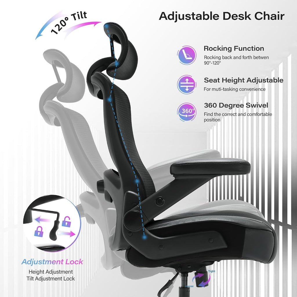 Big and Tall Office Chair 600lbs with 3D Flip Arms Adjustable Headrest - Heavy Duty Large Wheels Executive Computer Desk Chair, Ergonomic Lumbar Support Mesh High Back Plus Size Chair for Adults