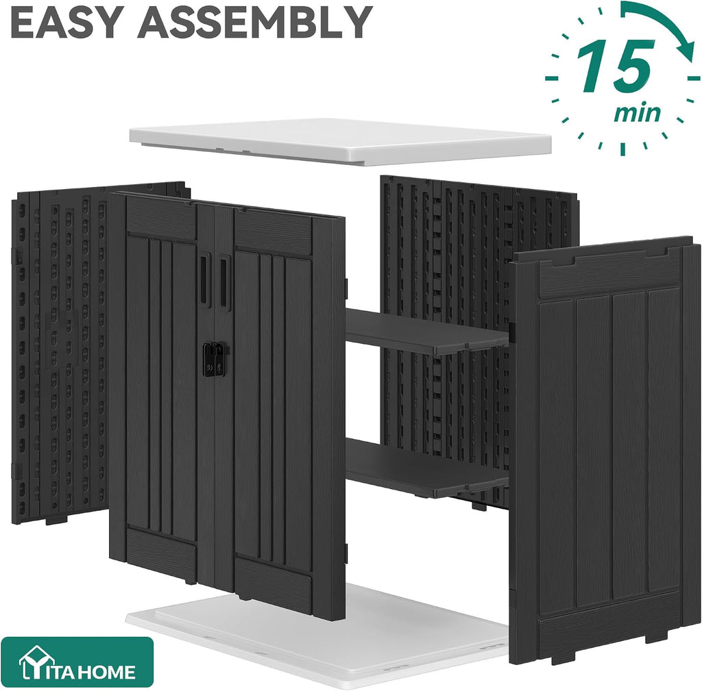 YITAHOME Outdoor Storage Cabinet with 2 Shelves, Waterproof Resin Horizontal Tool Shed, Lockable 15 cu. ft. Storage Shed for Patio, Garden, Yard, Dark Gray
