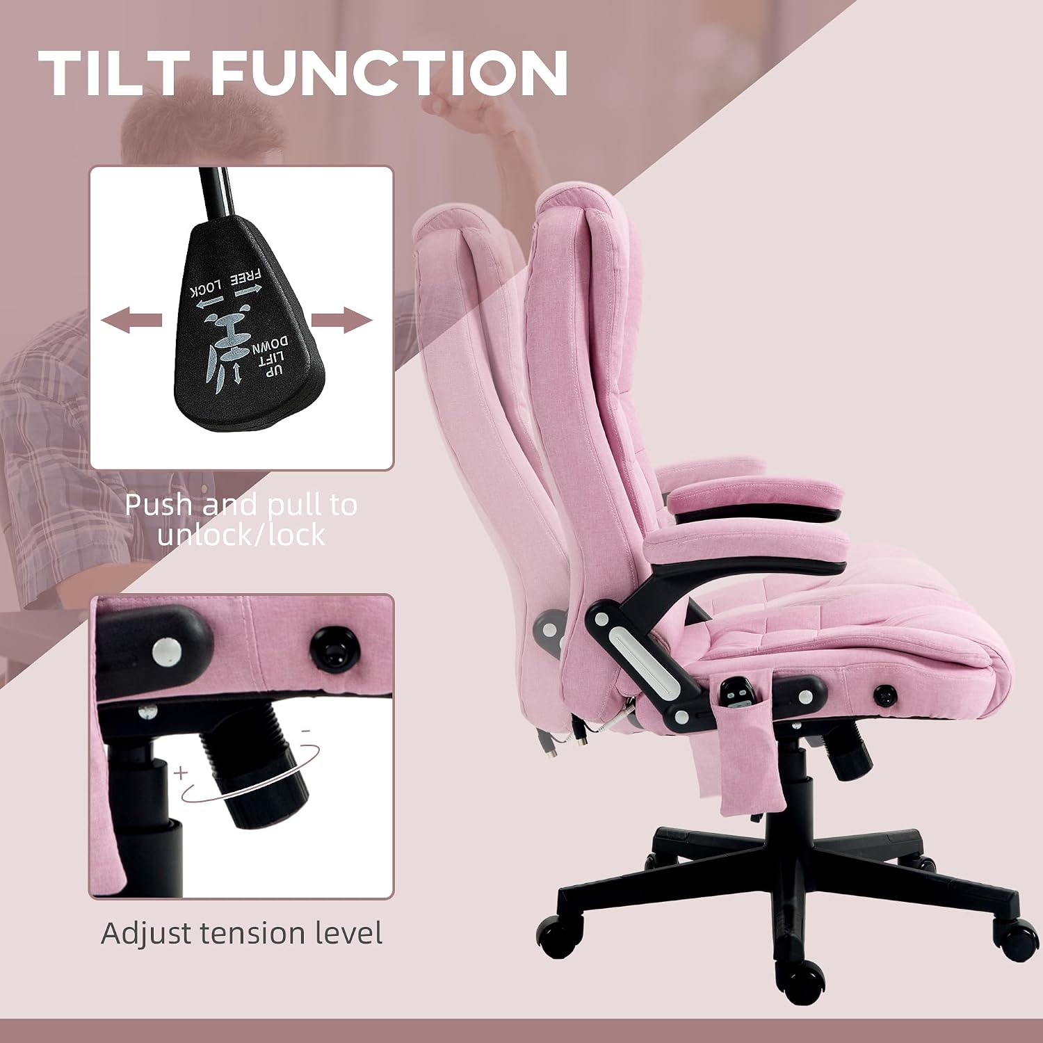 Vinsetto 6 Point Vibrating Massage Office Chair with Heat, Linen High Back Executive Office Chair with Reclining Backrest, Padded Armrests and Remote, Pink
