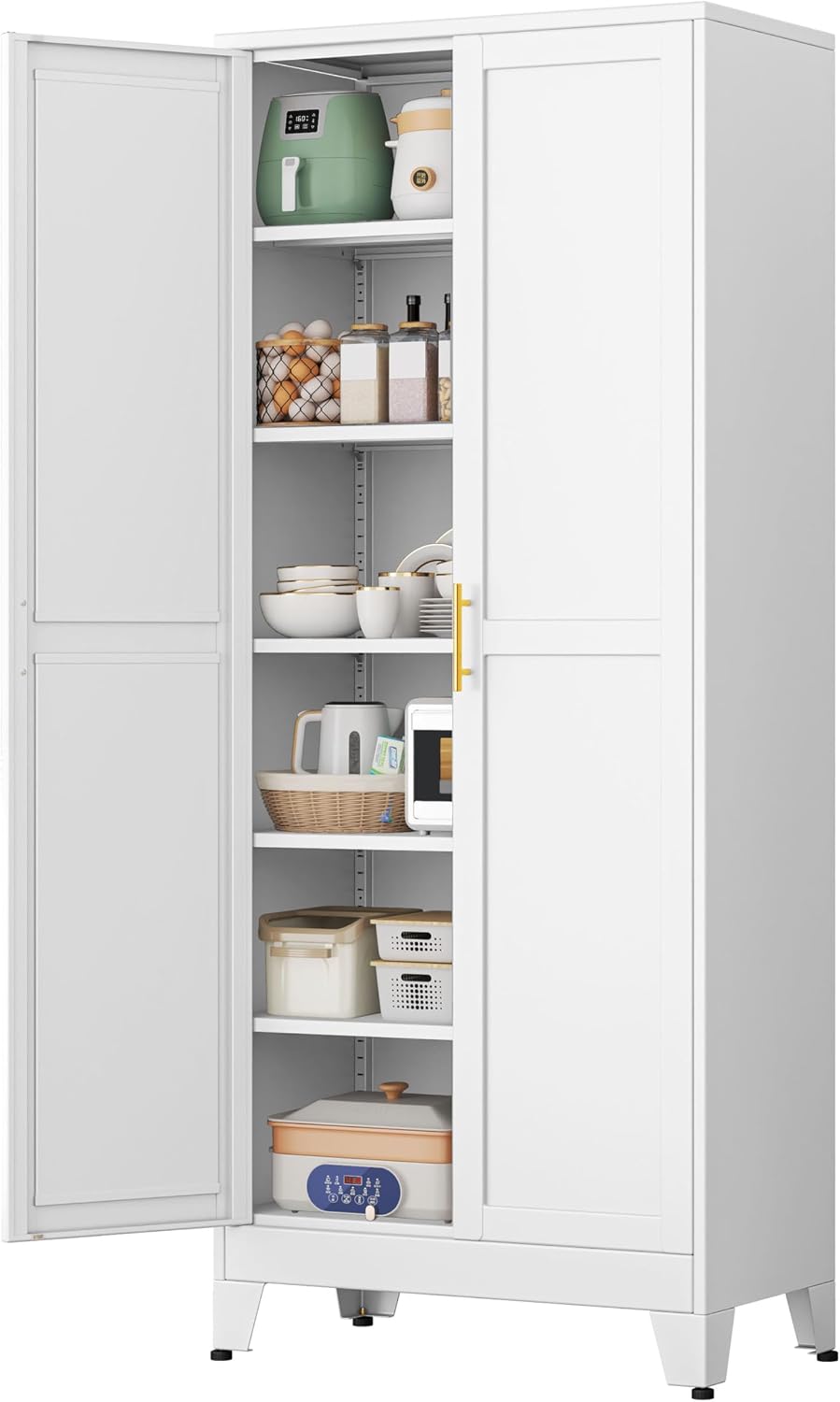 pozdeg 75' Tall Pantry Cabinet, Metal Kitchen Storage Cabinet with 2 Doors and 5 Adjustable Shelves, White Storage Cabinet Cupboard for Kitchen, Dining Room, Living Room and Bathroom (White)