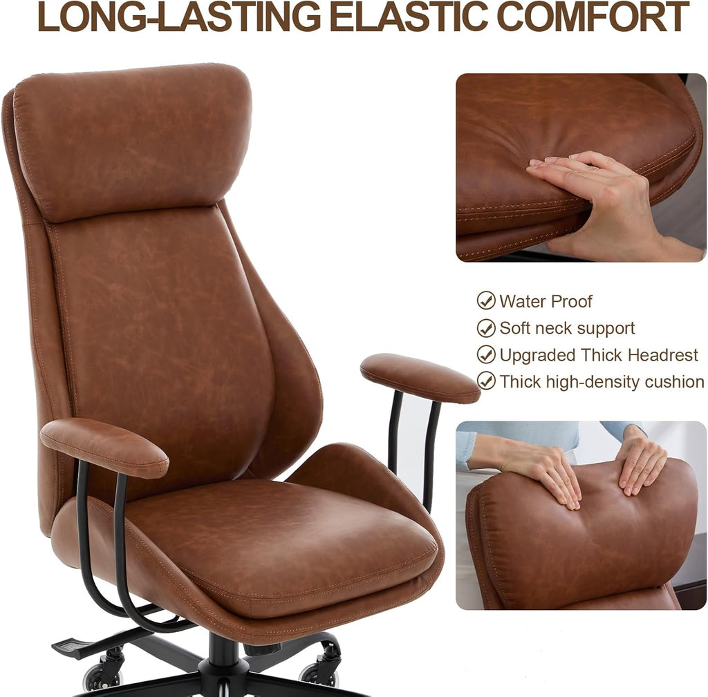 E-Motie Office Chair, Leather Desk Chair with Rubber Wheels, Ergonomic Computer Chair 500 LBS with Lumbar Support, High Back Executive Chair for Modern Home Office, Brown