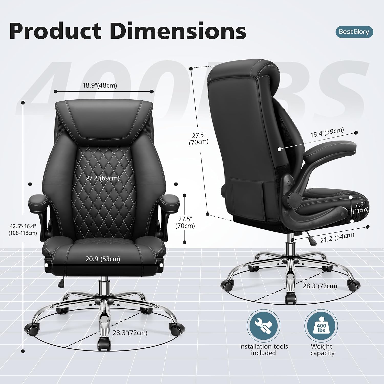 BestGlory Office Chair, Ergonomic High Back Home Office Desk Chair, Big and Tall Breathable Leather Office Chair with Lumbar Support Flip-Up Armrests, Computer Gaming Chair with Rocking Function