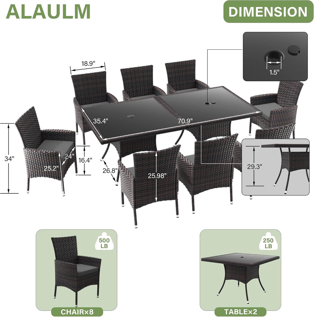 ALAULM 10 Piece Patio Dining Set All-Weather Wicker Outdoor Patio Furniture Set w/Tempered Glass Tabletop, Removable Cushions and Umbrella Hole for Patio, Backyard, Garden, Poolside (Grey)