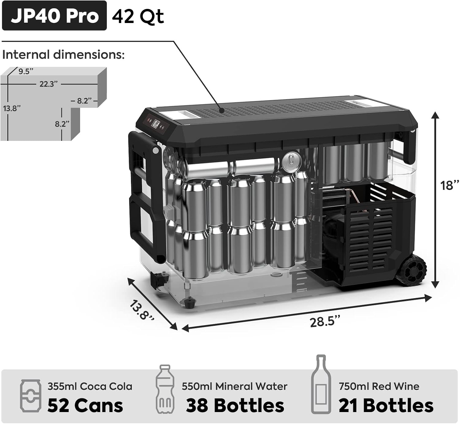 ICECO JP40 Pro 12 Volt Refrigerator with Wheels, Portable Car Fridge Powered by SECOP, 12V Freezer with Battery, -4℉～68℉, 40.7 Quart Electric Cooler with AC/DC, for Travel, Camping, Outdoor