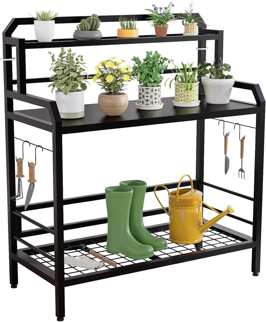Outdoor Metal Potting Bench Table with Storage,3-Tier Heavy Duty Garden Workbench,All-Weather Gardening Table with 4 Side Hooks,18' D x 39' W x 32' - 47' H,Black