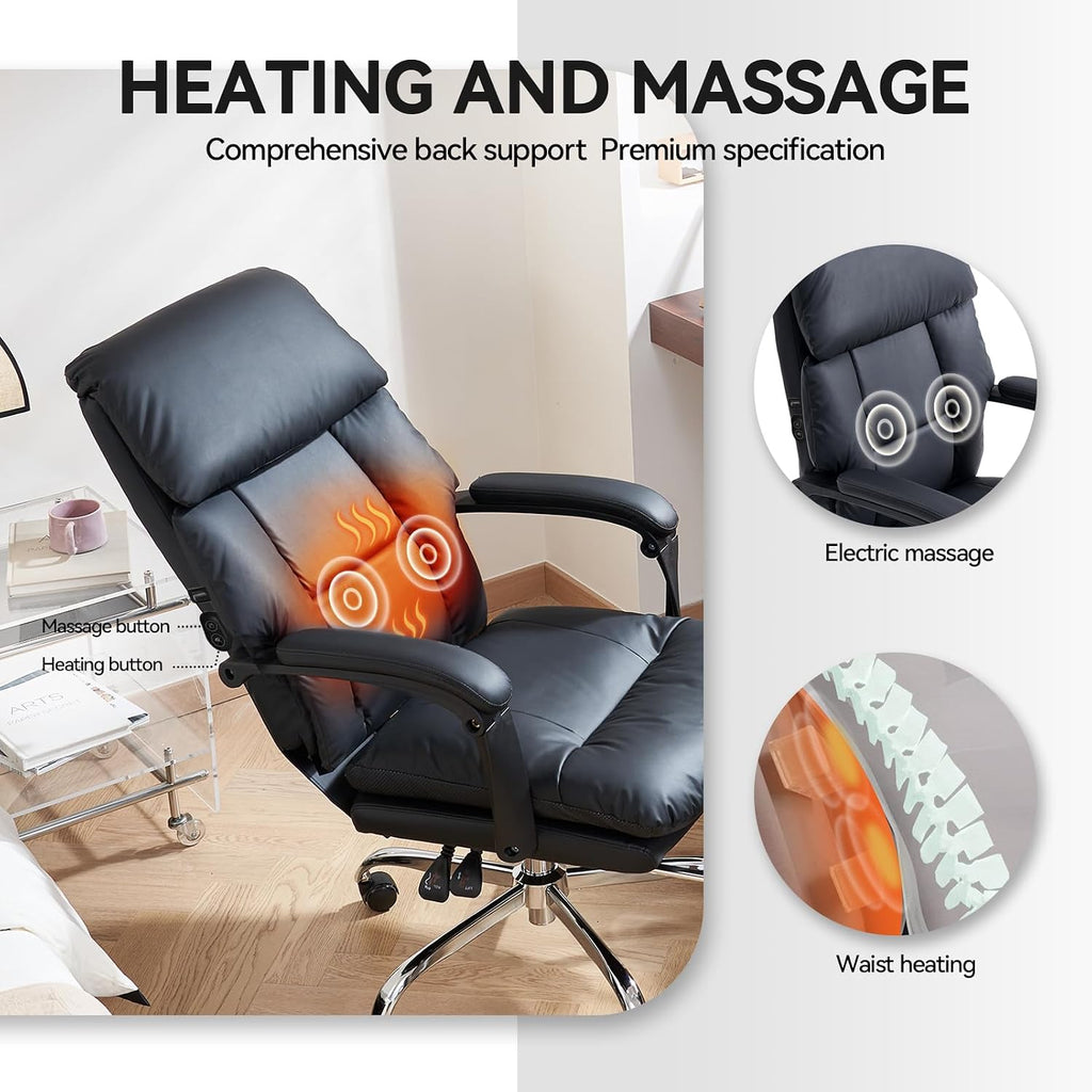 EMIAH Heated and Massage Office Chair with Foot Rest, Executive Office Chair Reclining High Back PU Leather Comfy Swivel Computer Desk Chairs with Wheels and Lumbar Support for Home Office，Black