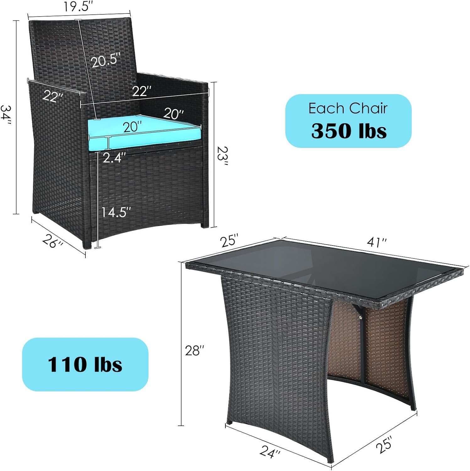 HAPPYGRILL 3 Piece Patio Furniture Set, Outdoor PE Rattan Wicker Bistro Set with Washable Cushions & Tempered Glass Table, for Backyard Porch Garden Balcony Poolside