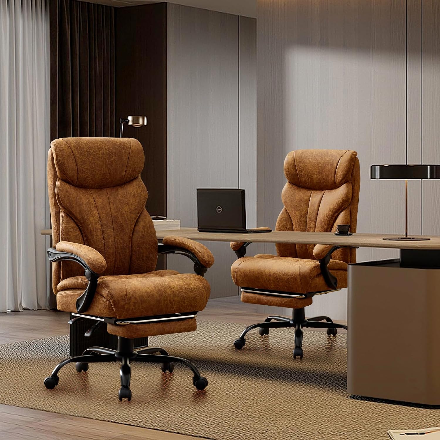 Comfortable Office Desk Chair 500 LBS, Big and Tall Office Chairs with Footrest,90-135°Recline Executive Leather Gaming Chair for Heavy People, Long Hours,Brown