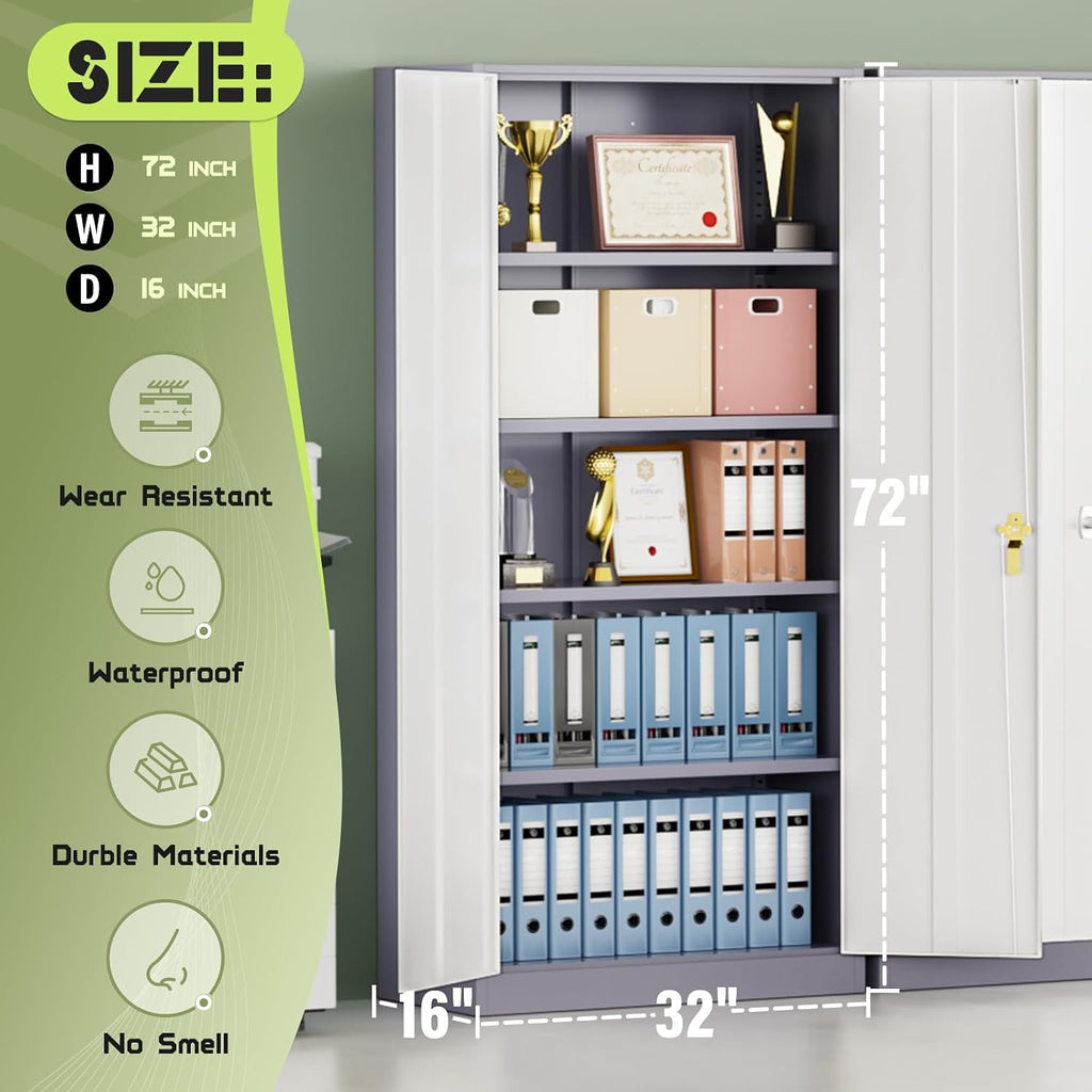 Incbruce Patio Metal Storage Cabinets, 72' H x16 D Outdoor Tool Shed with Doors and Adjustable Shelves for Home, Patio, Office (Grey White)