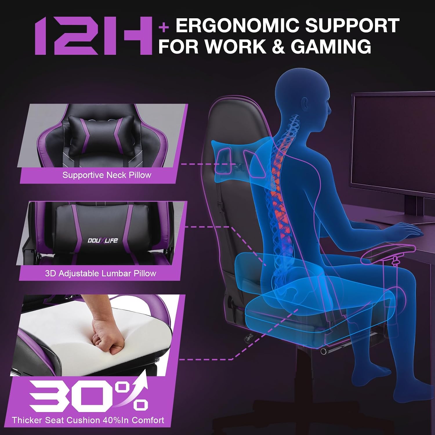 Douxlife 7-Point Massage Gaming Chair with Footrest, 400lbs Heavy Duty Ergonomic Computer Chair, 175° Reclining High Back Racing Seat for Adults with Adjustable Armrests & Lumbar Support, Purple