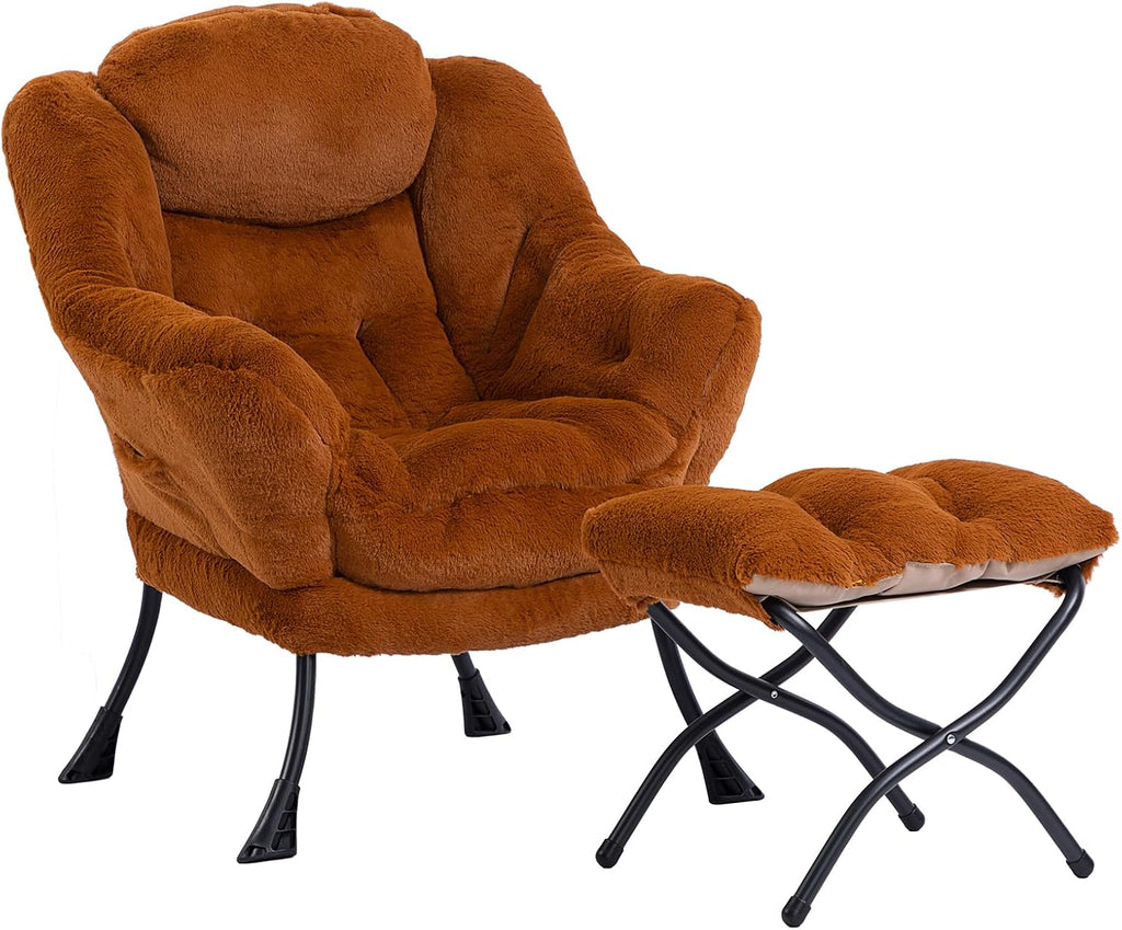 HollyHOME Lazy Chair with Foldable Ottoman, Accent Comfy Lounge Armchair and Folding Footrest Stool, Leisure Sofa Reading Chair and Footstool for Living Room, Bedroom,Faux Fur Brown