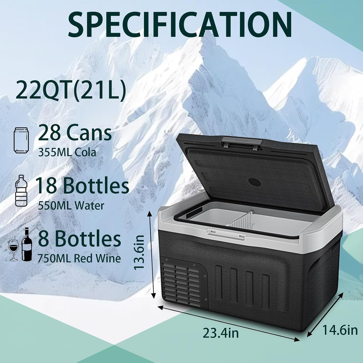 12 Volt Refrigerator, 22QT(21L) Compressor Electric Cooler, Car Fridge -4℉~68℉, Portable Refrigerator 12V/24V DC 110-240V AC, Compact Freezer for Vehicle RV Camping Truck Boat Travel, Black