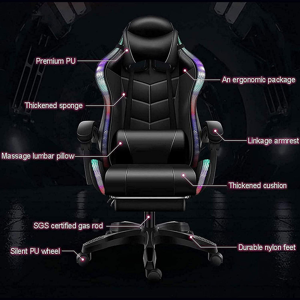Gaming Chair with Speakers, Gaming Chair LED Lights - PU Leather Recliner 360°Swivel Function Ergonomic Video Game Chairs with Headrest Armrest Electric Massage Office Chair,Pink