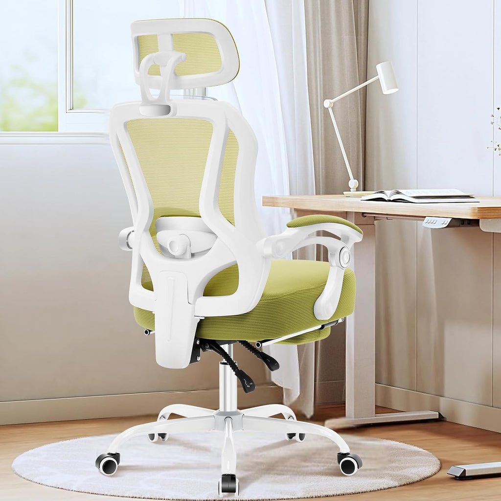 Ergonomic Office Chair with Footrest,Ultra Thick Reclining Office Desk Chair with Adjustable 2D Lumbar Support and Headrest,Spring Cushion,High Back Premium Mesh Computer Chair Office Chairs,Green