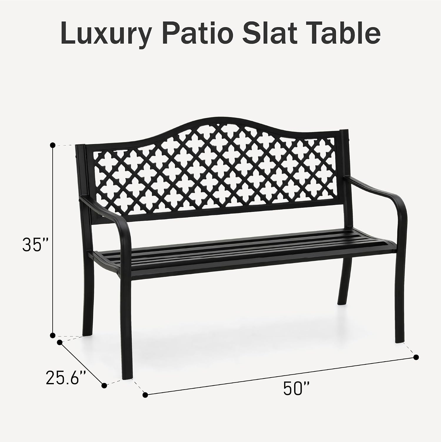PHI VILLA 50' Outdoor Garden Patio Metal Bench for Outdoors with Plastic Backrest Armrests Sturdy Steel Frame, Black