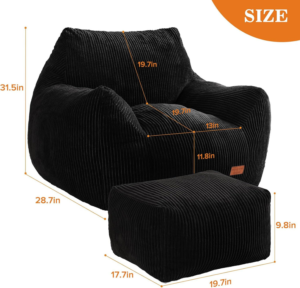 Big Bean Bag Chair for Adults, Ultra Soft Living Room Bean Bag with Armrests & Ottoman, Stuffed BeanBag Chair for Napping, Gaming, Vacuum-Compressed for Easy Gifting, 48h to Expand, Black