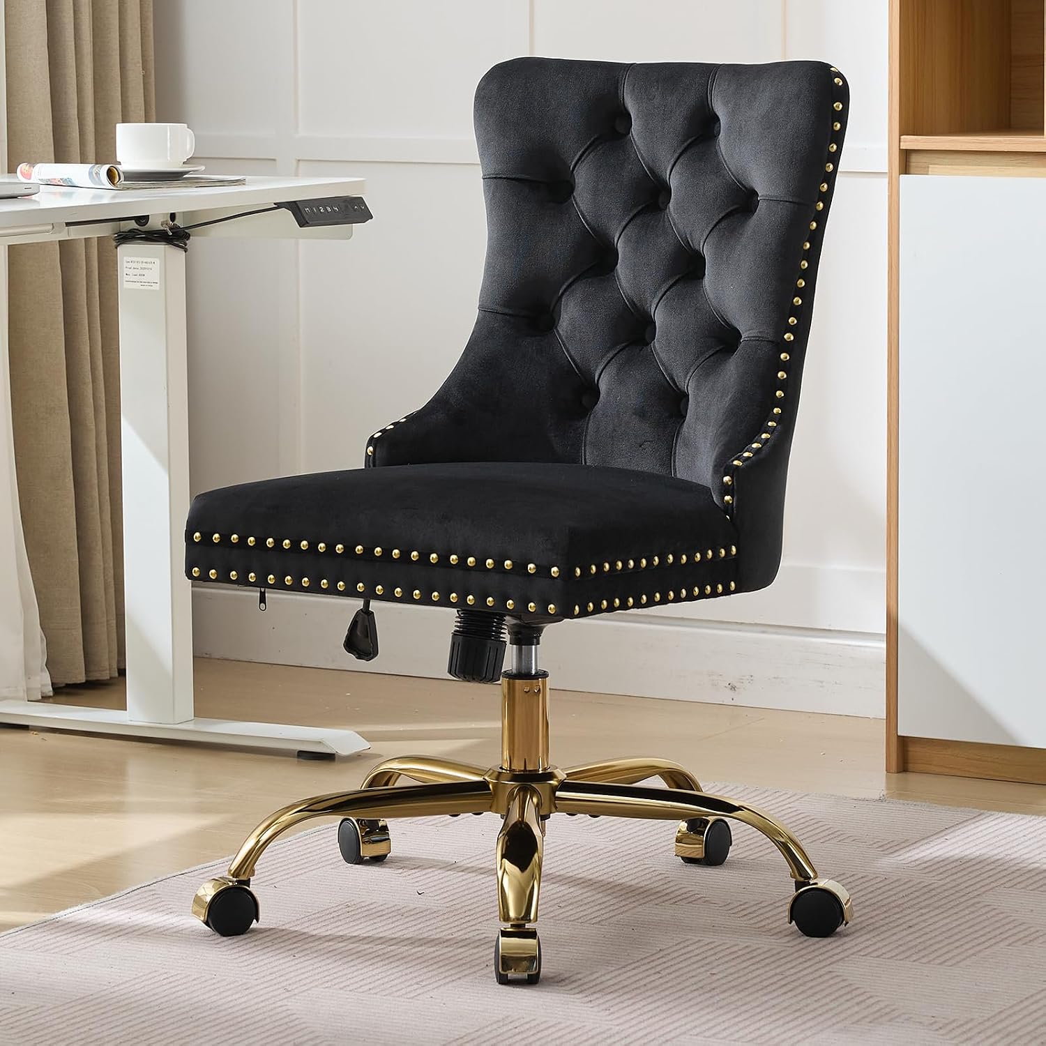 Black Velvet Armless Home Office Desk Chair with Wheels & Gold Base, Modern Comfortable Office Chair Rolling Task Chair, Upholstered Adjustable Computer Chair for Studio, Reception,Black