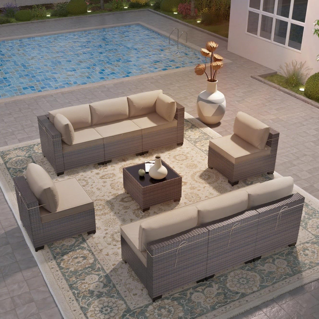 9 Pieces Outdoor Patio Furniture Sets,Wicker Conversation Set Sectional Sofa,Includes 8 All-Weather High Back PE Rattan Seating Components w/Thickened Cushions&Coffee Table,Sand