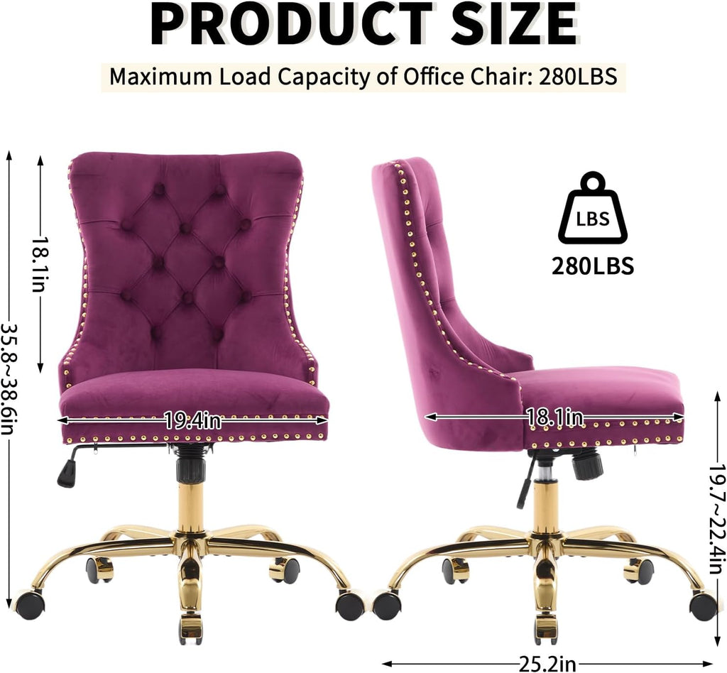 Purple Velvet Home Office Chair with Wheels & Gold Base, Cute Makeup Vanity Chair with Tufted Back for Bedroom, Upholstered Adjustable Swivel Comfy Desk Chair for Girls Women, Purple