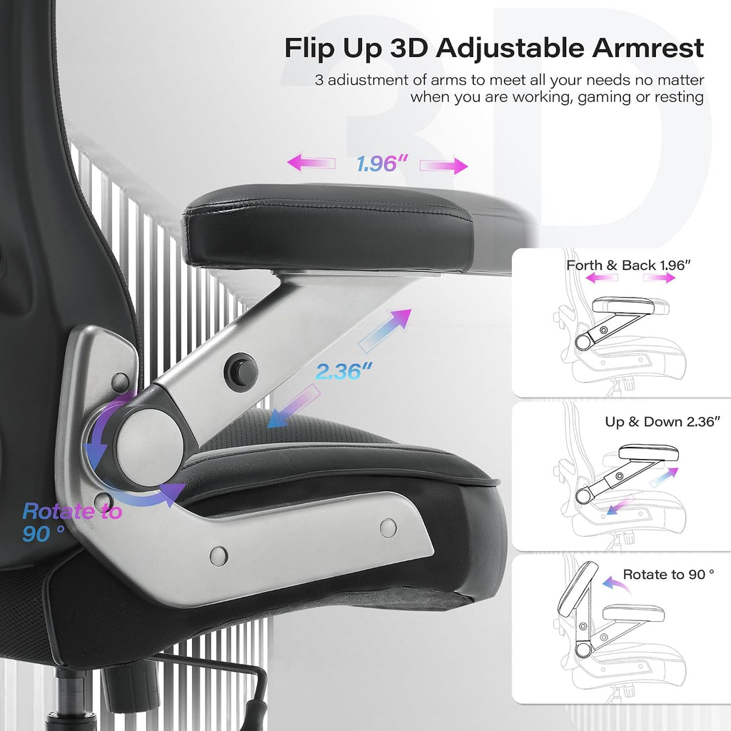 Big and Tall Office Chair 600lbs with 3D Flip Arms Adjustable Headrest - Heavy Duty Large Wheels Executive Computer Desk Chair, Ergonomic Lumbar Support Mesh High Back Plus Size Chair for Adults