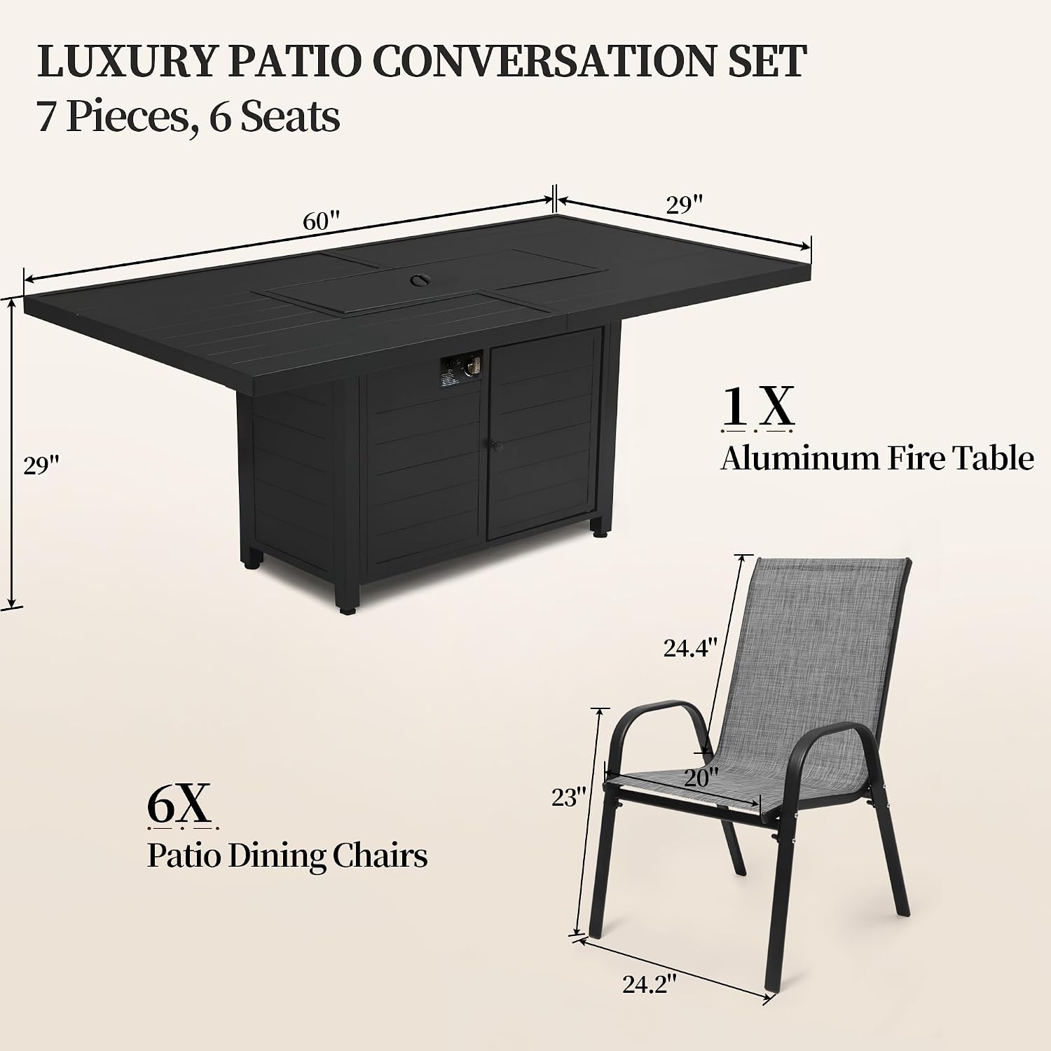 PIZZELLO 7 Pieces Patio Furniture Set w/ 60' Gas Fire Pit Table and 6 Patio Dining Chairs, Outdoor Conversation Set 50,000 BTU Aluminum Propane Fire Pit Stackable Patio Chairs Set of 6 for Backyard
