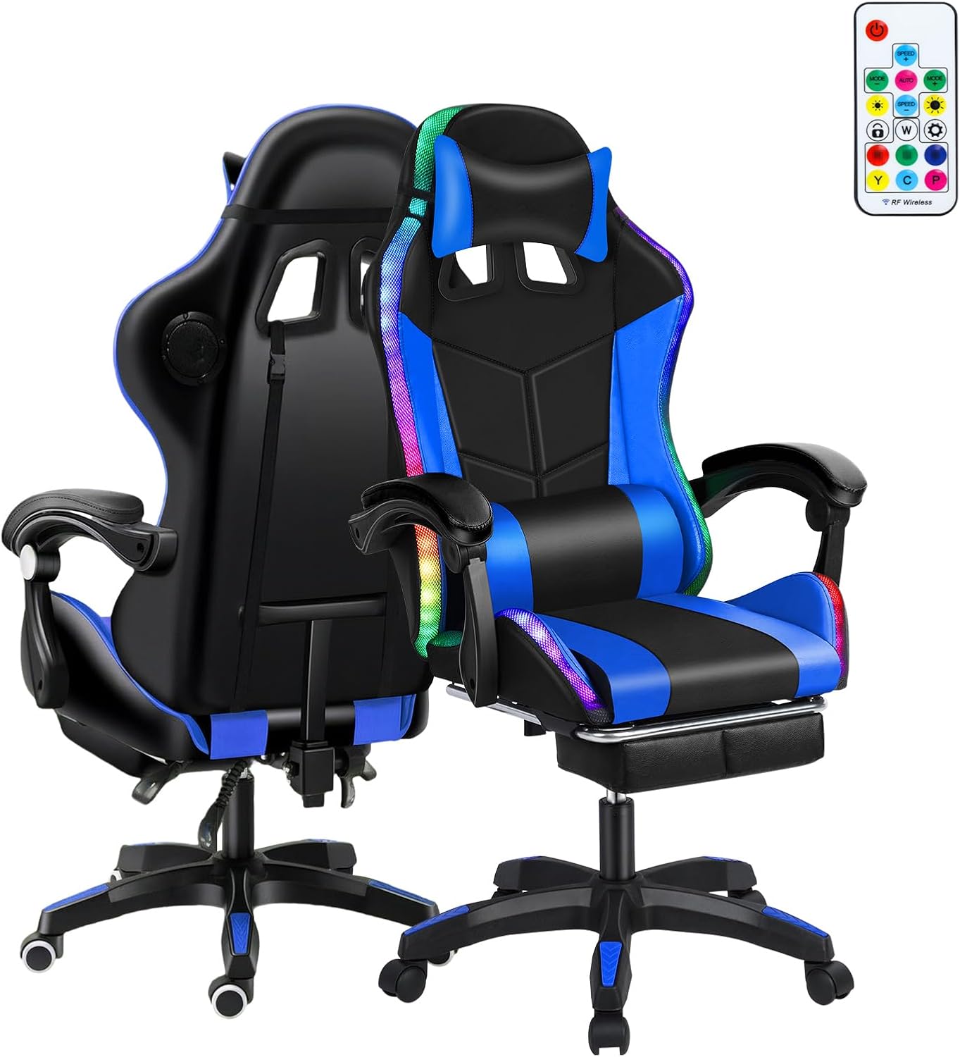 Gaming Chair, Office Chair with Foot Rest, Pocket Spring Cushion, Speakers Ergonomic Chair Massage Chair Multiple Led Light Gaming Chairs for Adults 350lbs Black Blue
