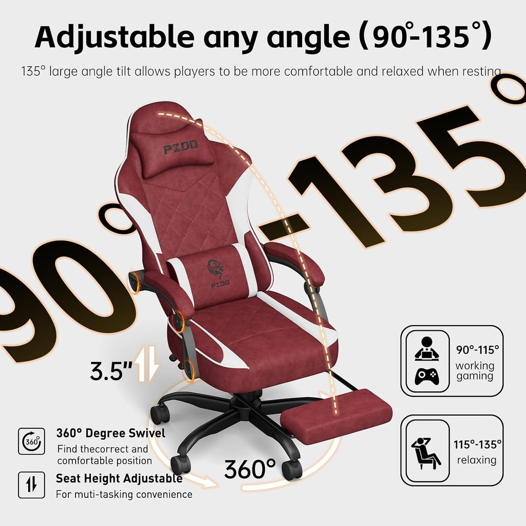Ergonomic Gaming Chairs for Adults with Retractable Footrest, Fabric Racing Gaming Chair, Height Adujustable Computer Chair Swivel PC Gamer Chairs with Lumbar Support, Gift, 150KG, Red
