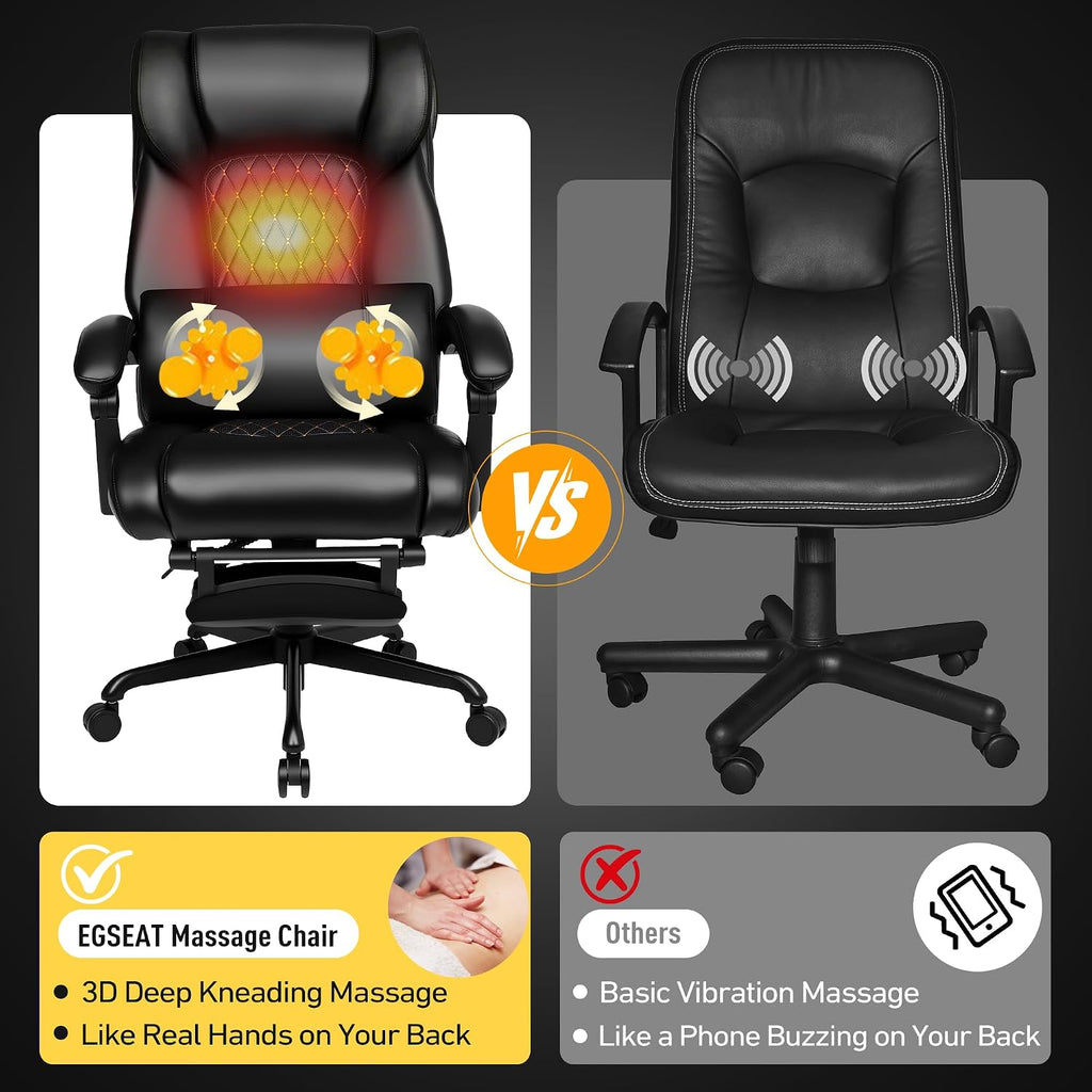 3D Kneading Massage Office Chair with Heat, 500 lbs Big and Tall Executive Computer Desk Recliner, Leather Electric Heated Chair with Footrest, Black