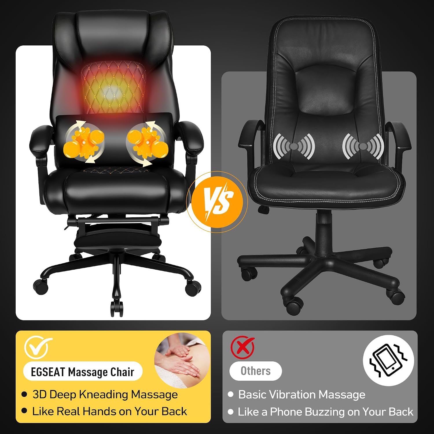 3D Kneading Massage Office Chair with Heat, 500 lbs Big and Tall Executive Computer Desk Recliner, Leather Electric Heated Chair with Footrest, Black