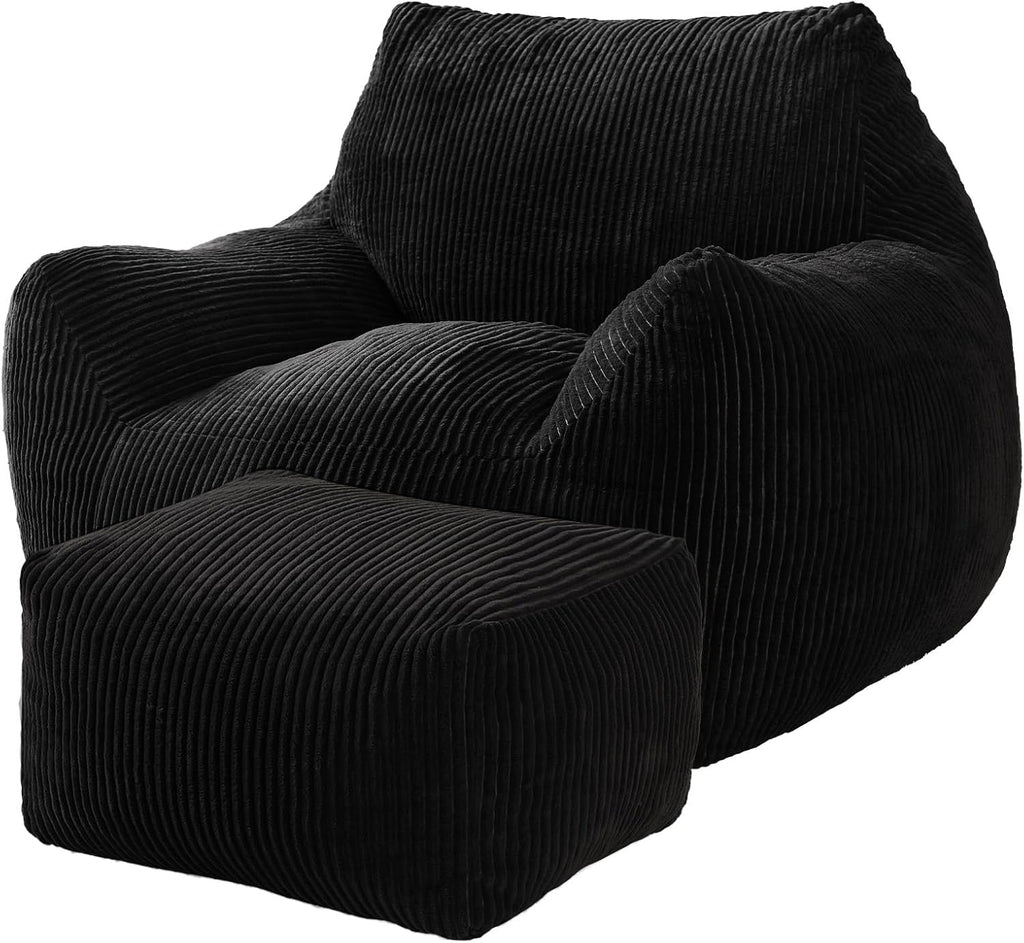 Big Bean Bag Chair for Adults, Ultra Soft Living Room Bean Bag with Armrests & Ottoman, Stuffed BeanBag Chair for Napping, Gaming, Vacuum-Compressed for Easy Gifting, 48h to Expand, Black