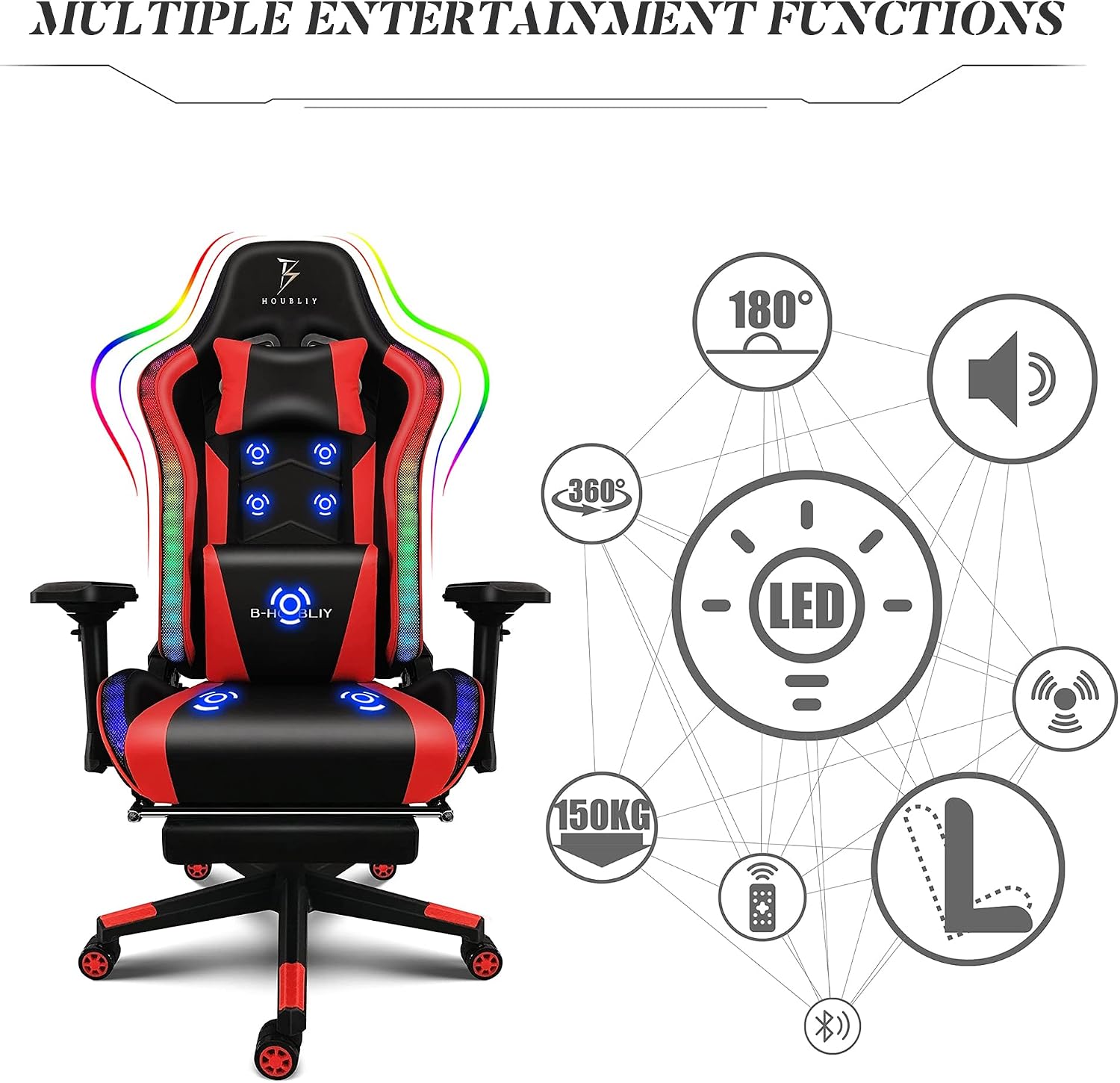 RGB Gaming Chair with Speakers, Video Game Chair with Massage and Footrest, High Back Computer Chair PU Leather Recliner Swivel Rocking Desk Chair Office Chair for Adults Teens Kids,Black