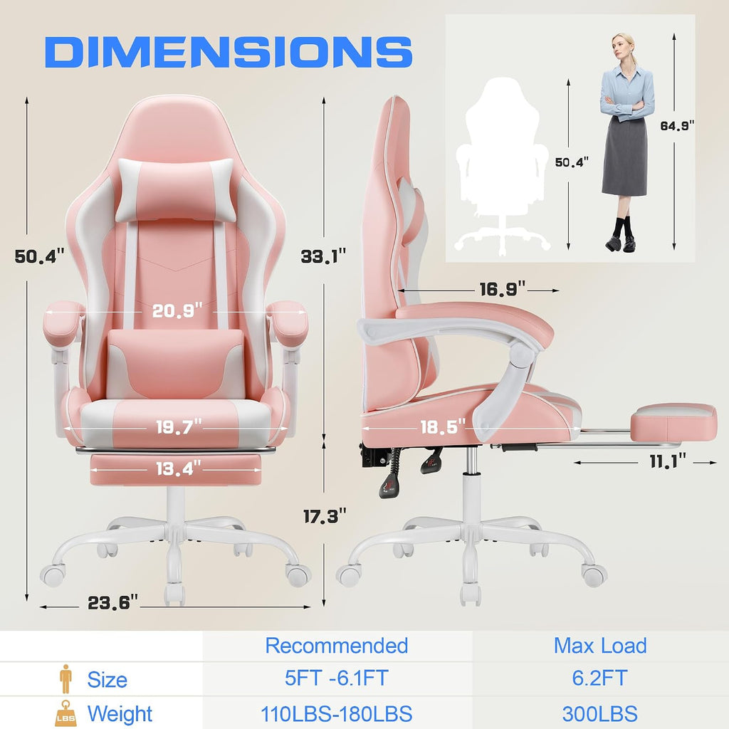 Shahoo Gaming Chair with Footrest and Massage Lumbar Support, Video Racing Seat Height Adjustable with 360° Swivel and Headrest for Office or Bedroom, Light Pink