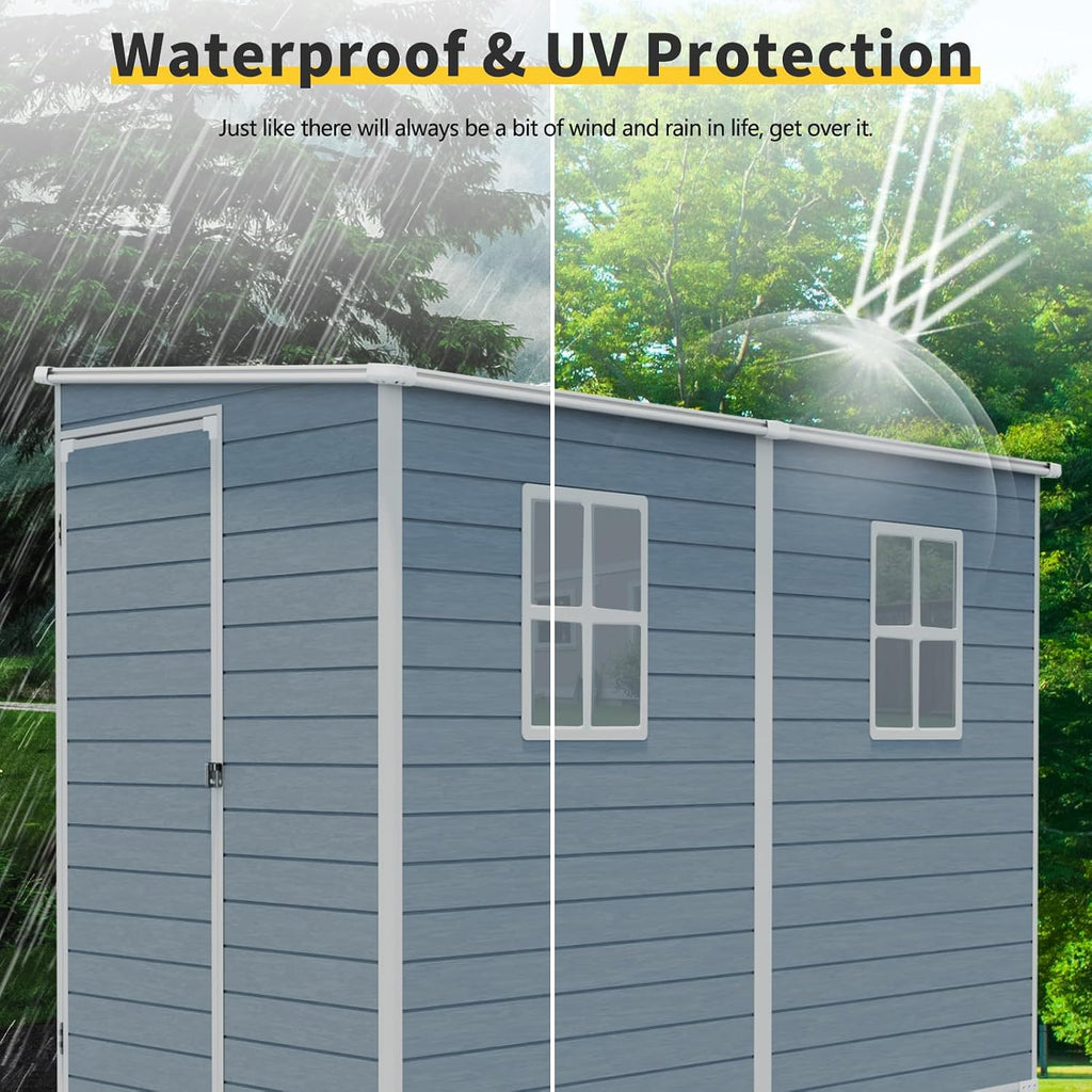 KUIKUI 8x4ft Shed with Floor Included, Outdoor Storage Plastic Resin Lean to Shed with 2 Windows and Lockable Door, Backyard Storage Sheds for Garden Tools, Bike, Grey