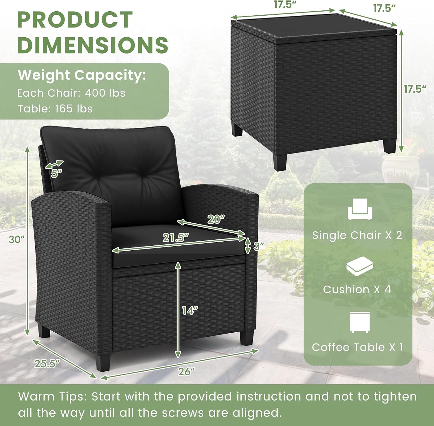 ORALNER 3 Pieces Patio Furniture Set, Wicker Conversation Set Outdoor Chairs with Cushions, Glass Coffee Table, Rattan Bistro Set for Front Porch Balcony Garden Deck Poolside (Black)