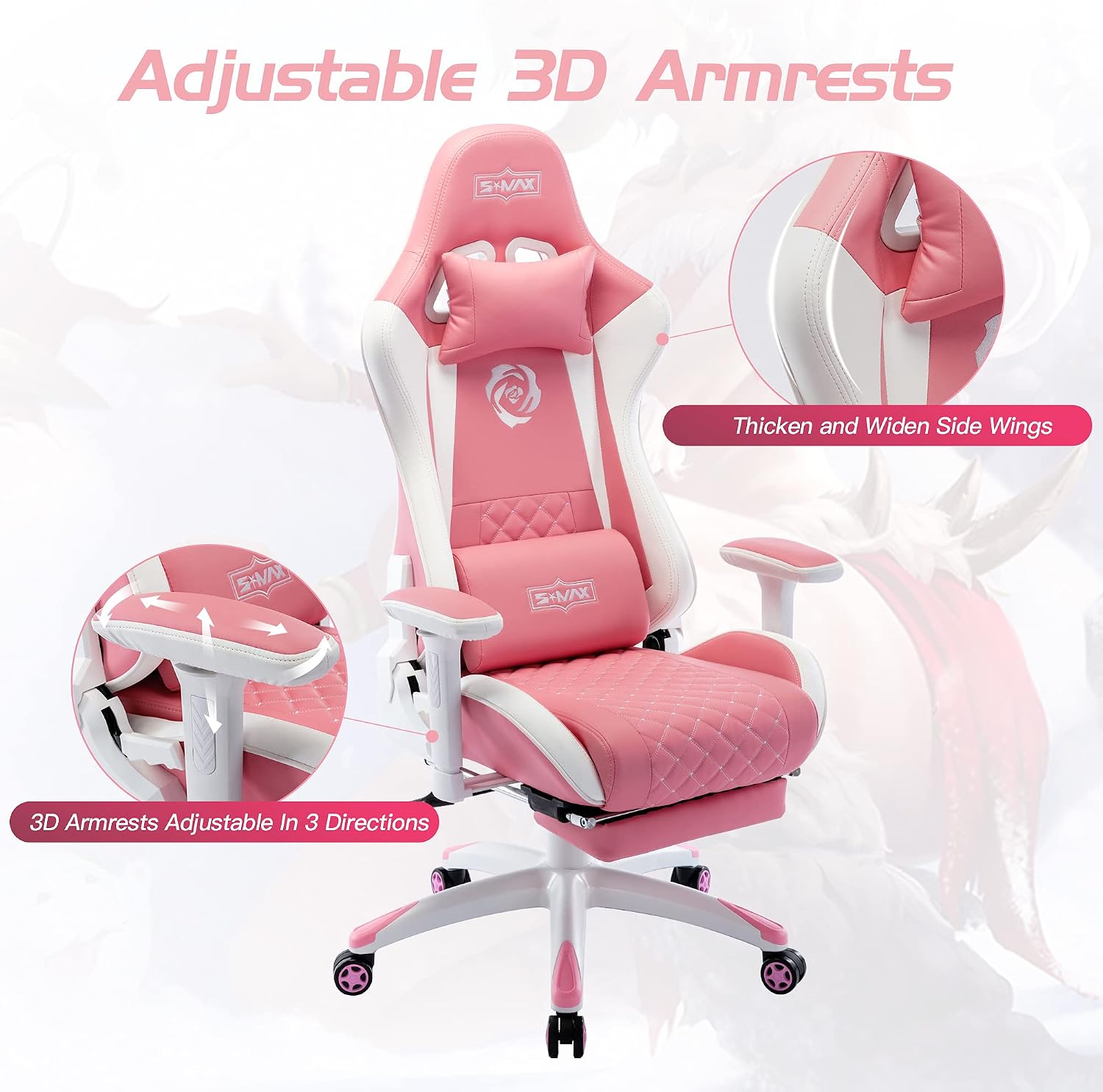 S*MAX Pink Gaming Chair with Footrest Thicken Seat Ergonomic Pink Gamer Chair with 3D Armrest PU Leather Headrest and Lumbar Support High Back Gaming Chair for Girls Pink White