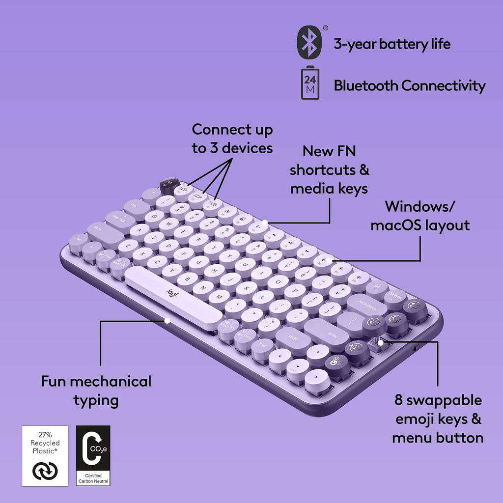 Logitech POP Keys + POP Mouse - Wireless Keyboard and Bluetooth Mouse Combo with Typewriter-Style Mechanical Keys, Emoji Features, Cute Compact Design - Cosmos