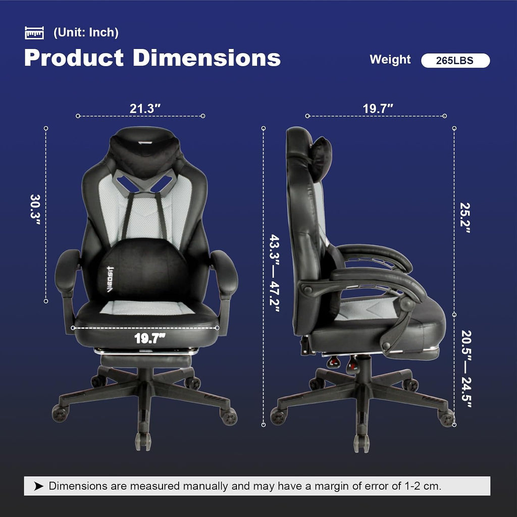 Vigosit Gaming Chair PRO, Ergonomic Gaming Chairs for Adults Heavy People, Massage Reclining Office Desk Computer Chair with Footrest and Lumbar Support, Big Tall Mesh Gamer Chair with Cushion (Grey)