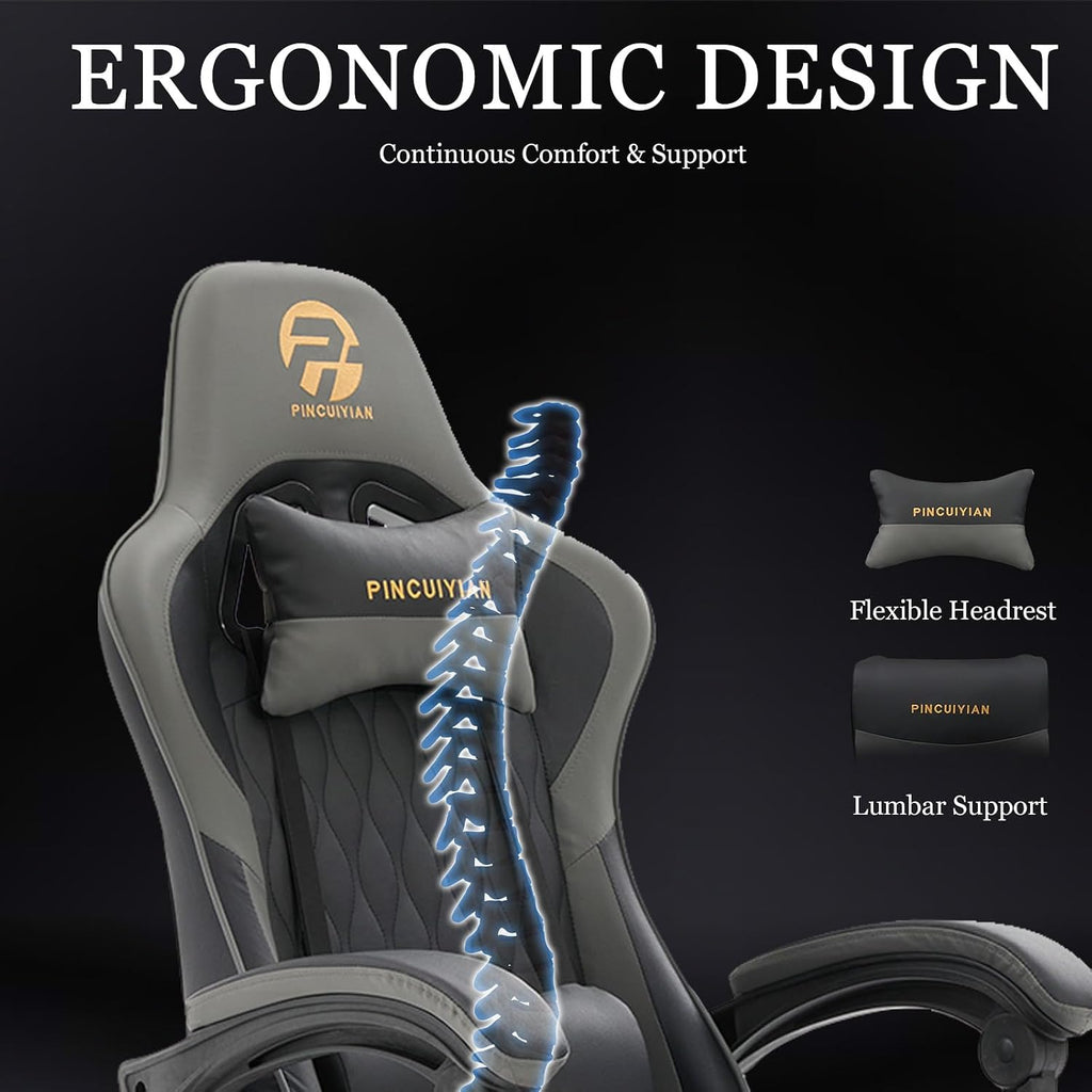 Ergonomic Gaming Chair with Footrest and Lumbar Support, High Back Reclining PU Leather Computer Chair with Headrest and Linkage Armrests, Swivel Height Adjustable Office Gamer Chair for Adults (Gray)