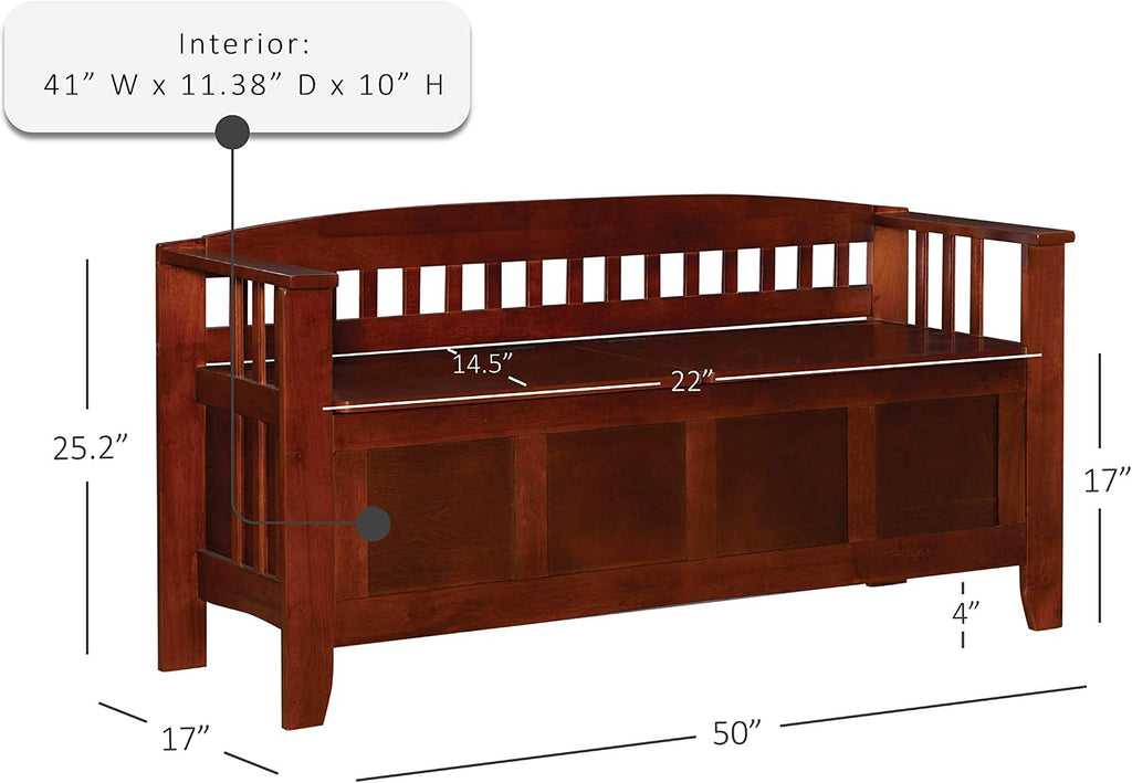 Linon Home Decor Storage Bench with Short Split Seat Storage, Walnut, 50 inchw x 17 inchd x 25.25 inchh.
