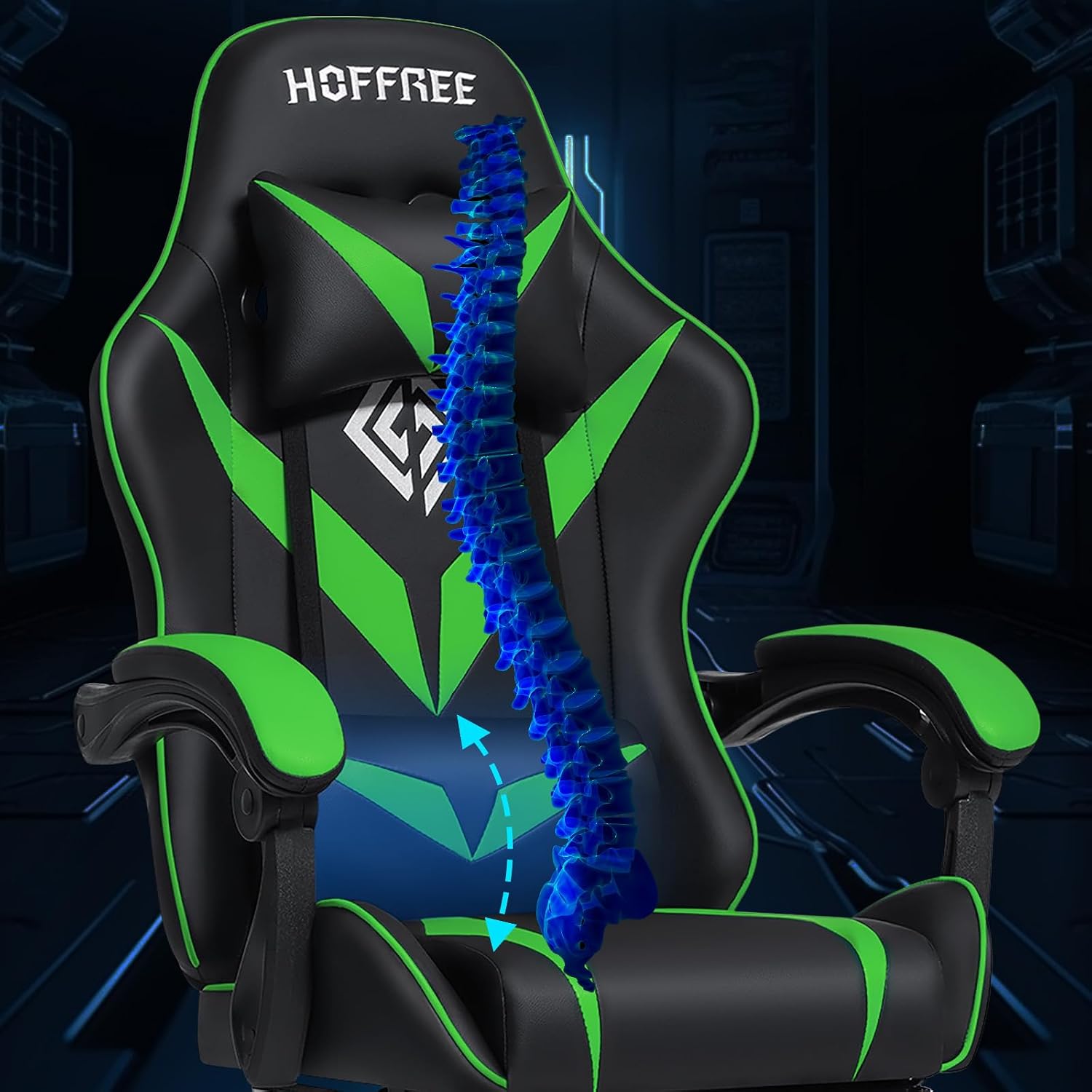 HOFFREE Massage Gaming Chair for Kids Computer Gamer Chair with Footrest and Lumbar Support Reclining PC Game Chair with Headrest for Gaming Room Green and Black