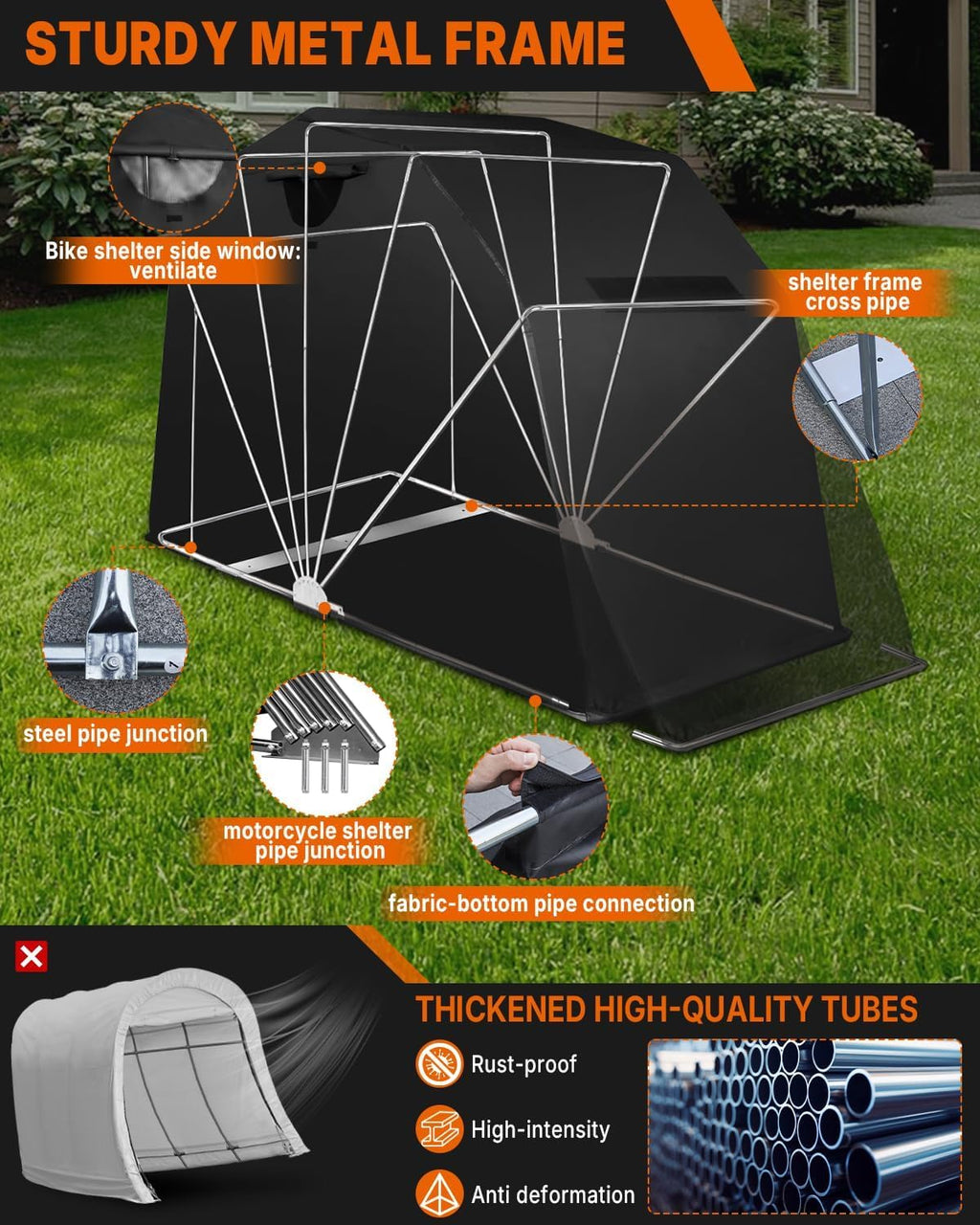 PROEZE Heavy Duty Motorcycle Shelter Storage Sheds Motorcycle Garage, 106.3'x 41.3'x 61.1' Motorcycle Cover Waterproof Outdoor Motorcycle Tent with Lock