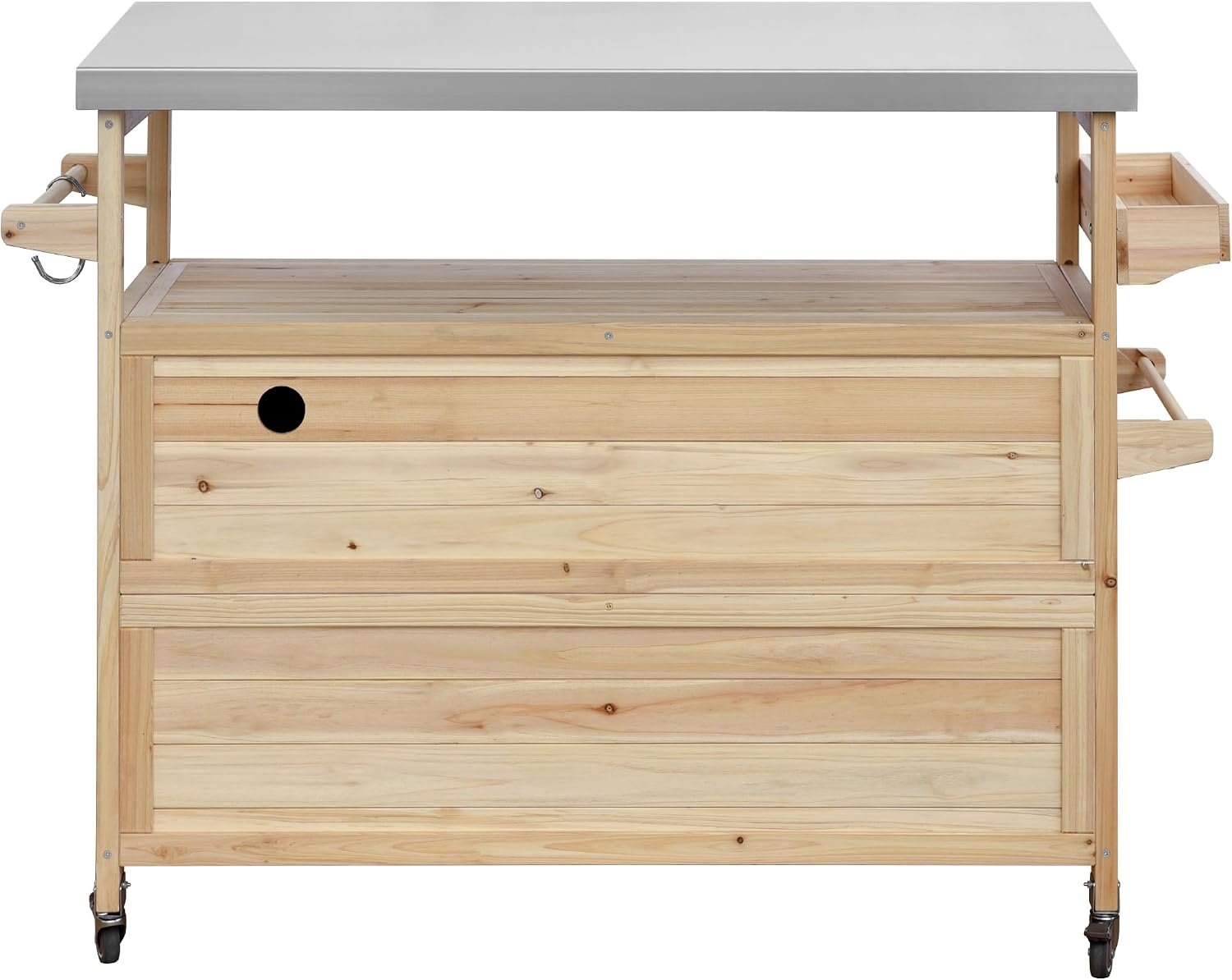 Outdoor Grill Cart with Storage, Farmhouse Outdoor Storage Cabinet with Stainless Steel Top, Wood Bar Patio Kitchen Island with Spice Rack, Towel Holder, Hooks & Locking Wheels for Patio BBQ(Wood)