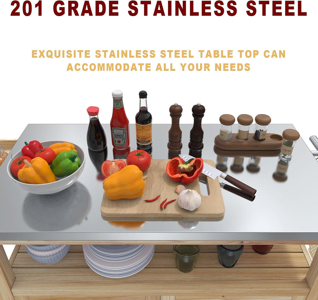 GDLF Outdoor Storage Cabinet Wood Outdoor Kitchen Prep Grill Table with Stainless Steel Top Waterproof Cover (Natural Wood Color)